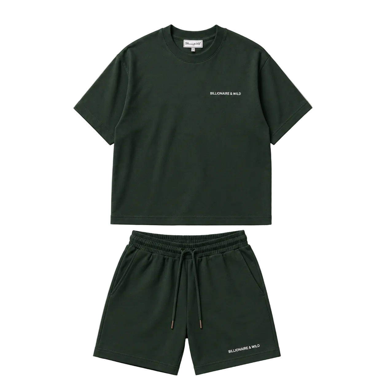 A dark green two-piece lounge set , featuring a short-sleeve crewneck t-shirt and matching drawstring shorts, laid flat on a light beige background.
