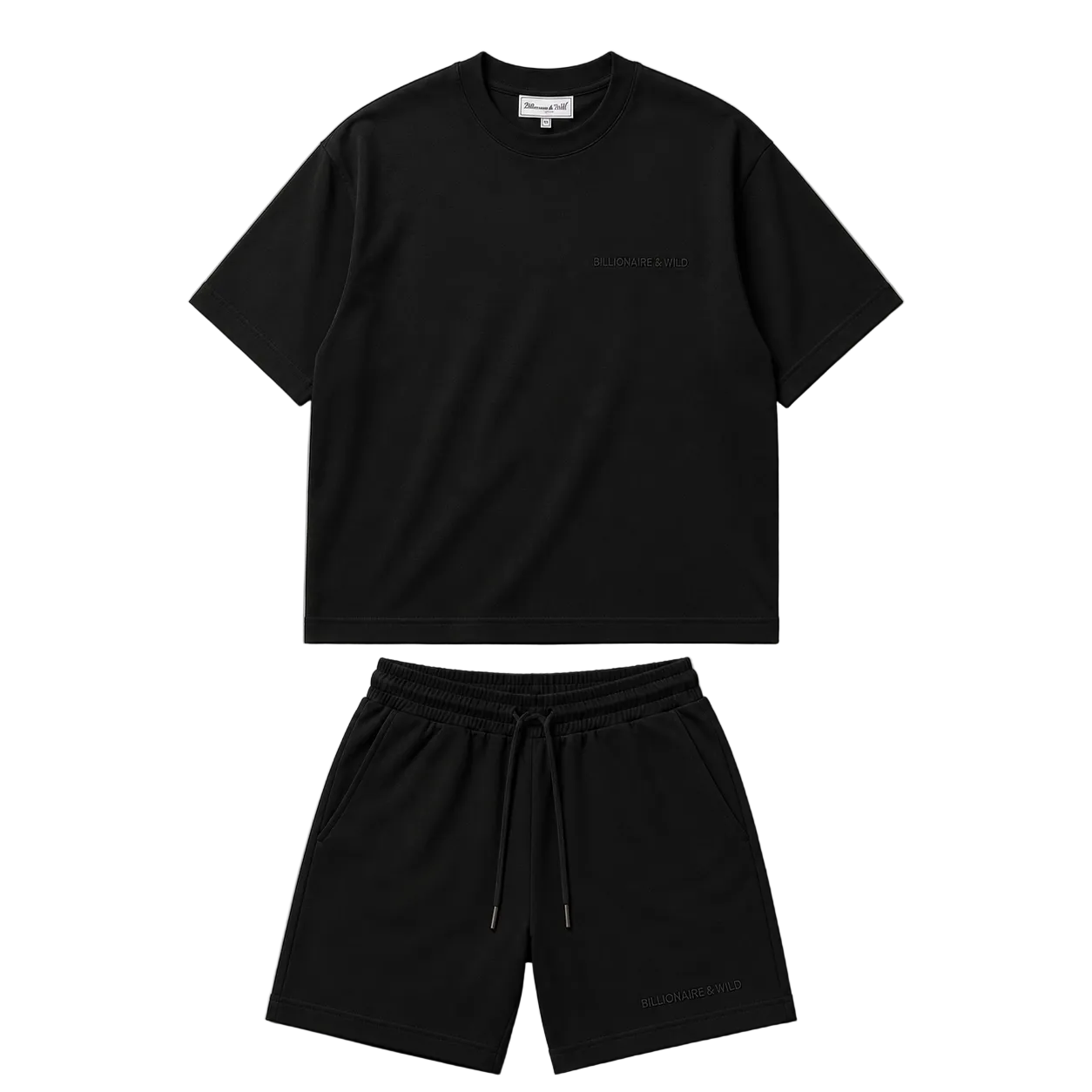 A black short-sleeve crewneck T-shirt and matching black drawstring shorts laid flat on a light gray background. The brand name 'BURBURINE' is subtly printed in black on the chest of the shirt and near the lower left hem of the shorts.